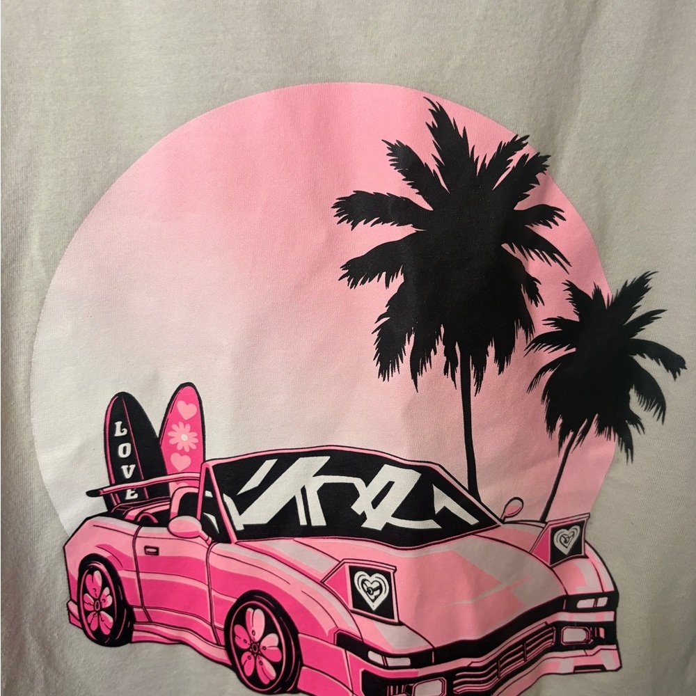 Girls Medium Pink Sunset Surf Car Graphic Tee‎ | Palm Tree Beach Shirt - Picture 2 of 4